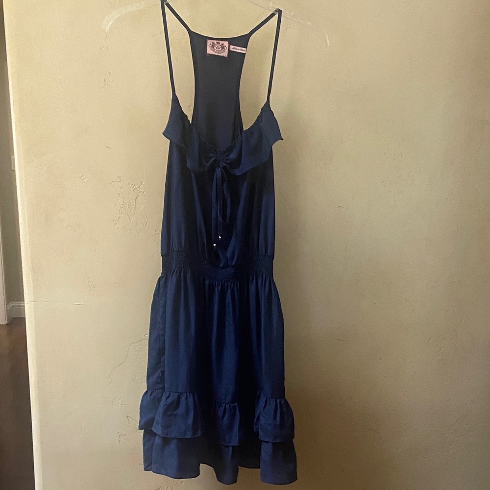 Sz L Juicy Couture Navy Sleeveless 100% Silk Ruffle Dress